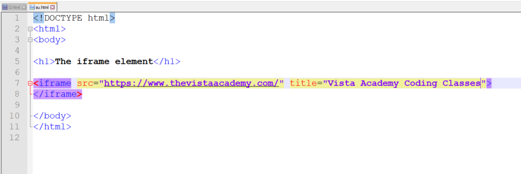 Iframe tag for html link a website