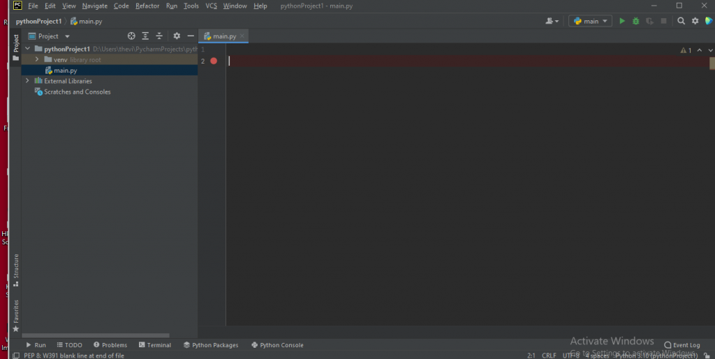 writing first programme in pycharm