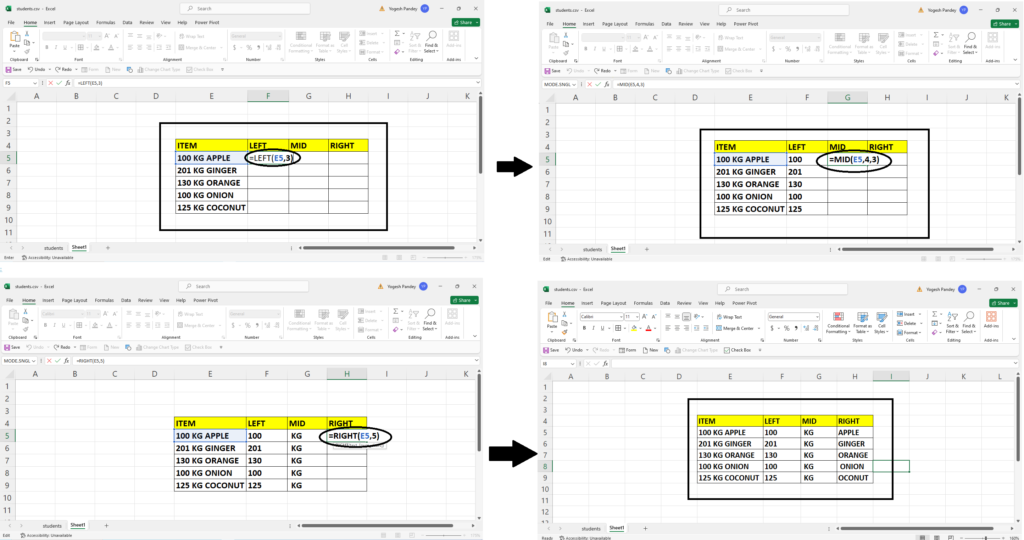 RIGHT LEFT & MID Functions IN EXCEL