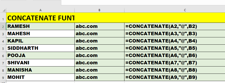 CONCATENATE FUNTION IN EXCEL