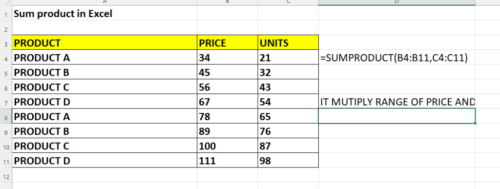 SUMPRODUCT in excel
