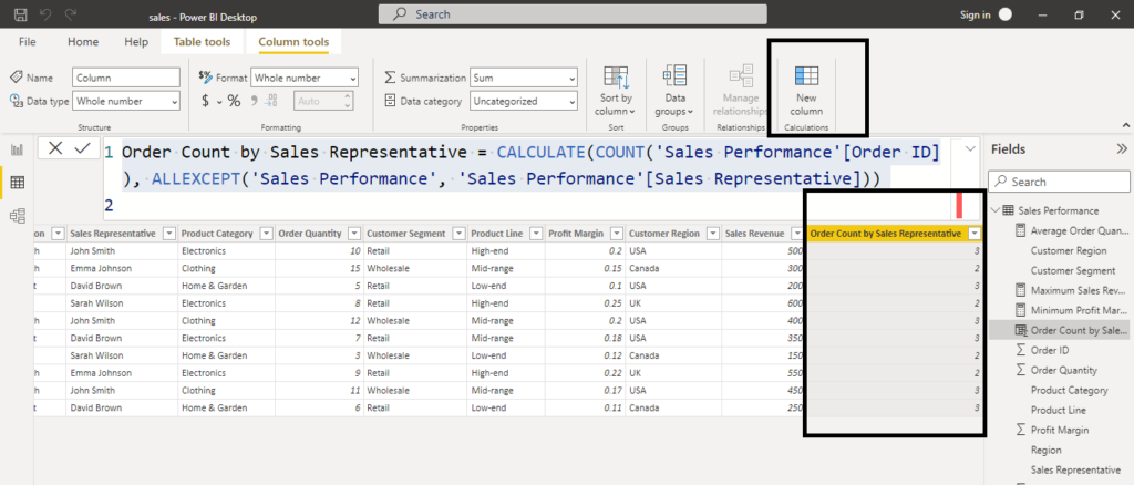 order count by each sales representative