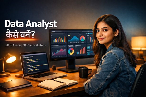 Data Analyst कैसे बनें – student analyzing data dashboards and Python code.