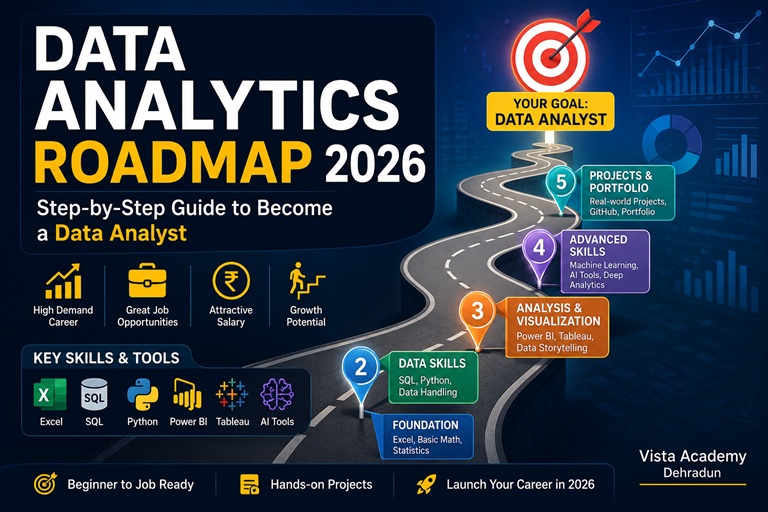 Data Analytics Roadmap 2026 step-by-step guide to become a Data Analyst with Excel SQL Python Power BI Tableau AI tools and projects